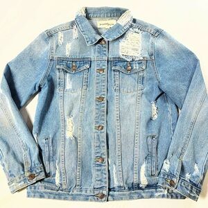 Young Hearts Run Free Artistically Distressed Blue Denim travel Jacket  Size L